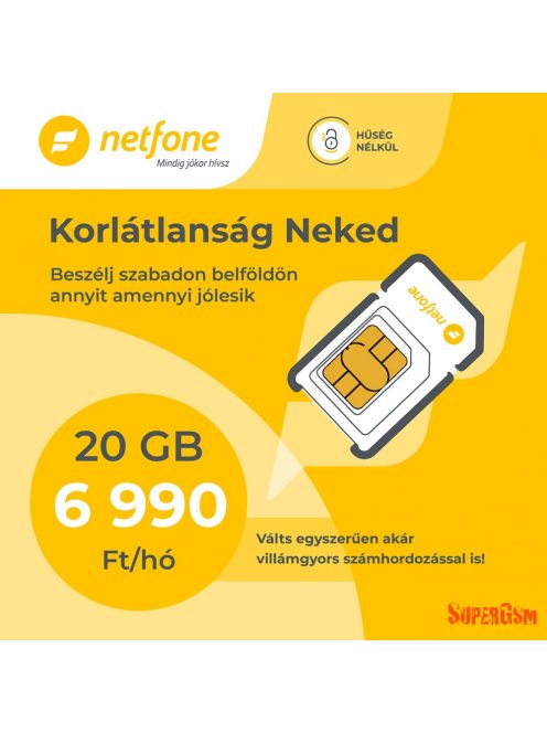 Netfone lakossági sim kártya Korlátlan belföldi beszélgetés + 20 GB internet, 100 db díjmentes SMS