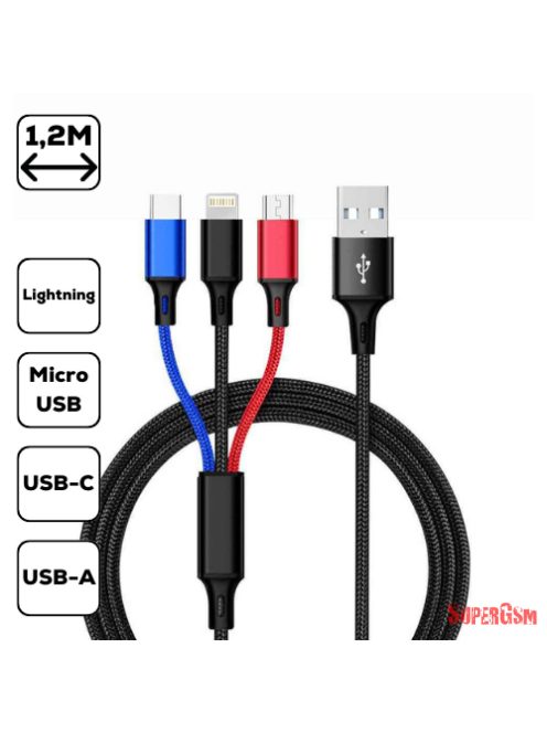 3-in-1 töltőkábel, micro USB+Type-c+lightning