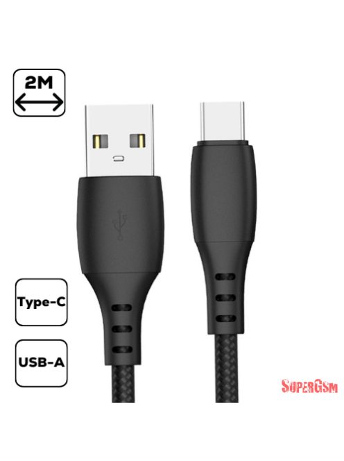 Szövet borítású Type-C adatkábel,2m, Fekete