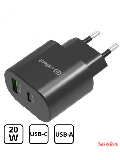 Hálózati gyorstöltő adapter 20W USB-A és C csatlakozóval, Fekete