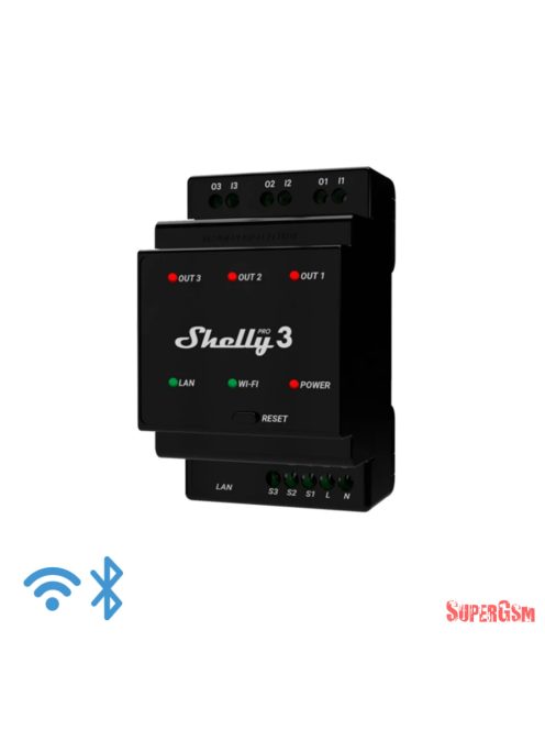 Shelly Pro 3, 3 áramkörös Wifi+Ethernet+Bluet. okosrelé